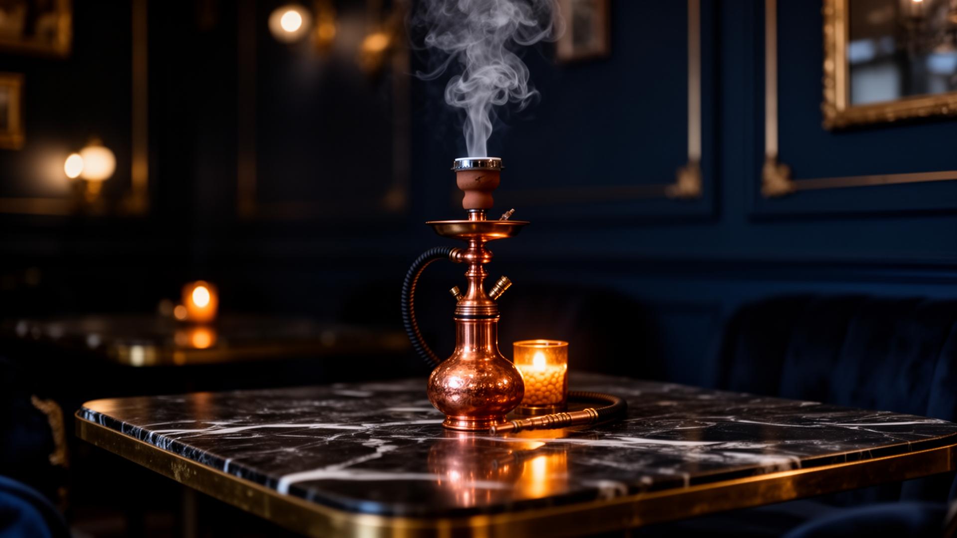 Brass shisha pipe with curling smoke in golden light